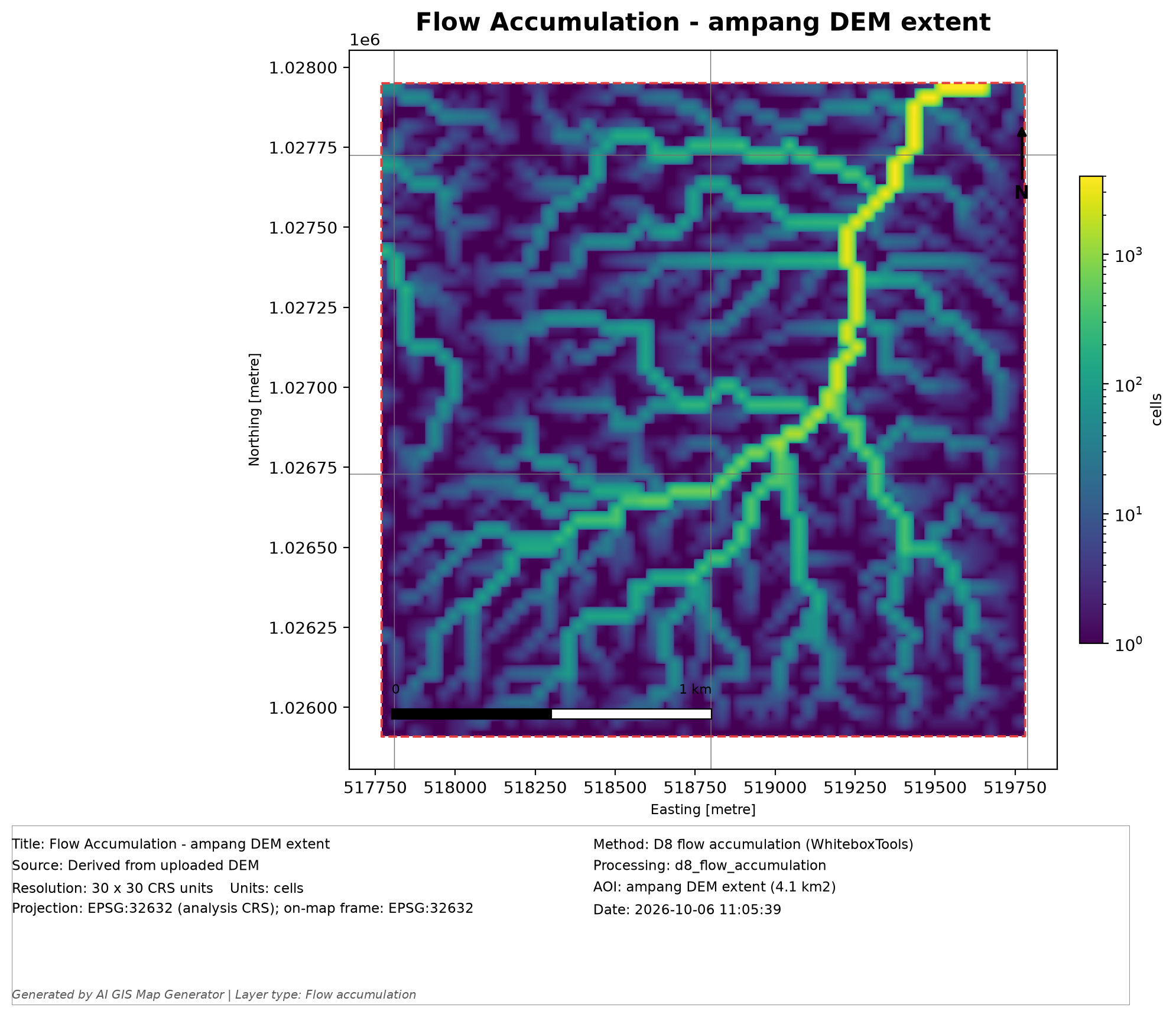 GIS Mapper flow accumulation result derived from a DEM