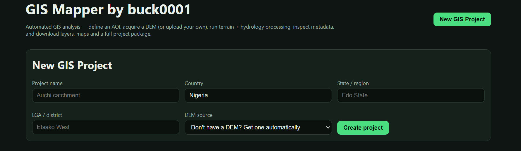 GIS Mapper area-of-interest and terrain analysis interface
